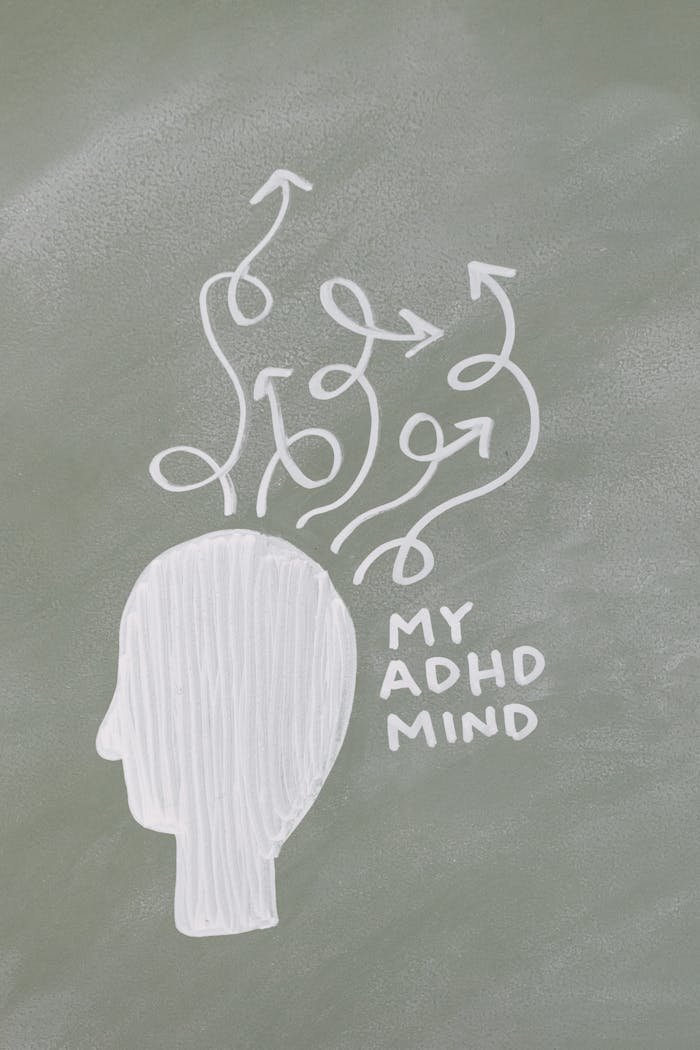 Creative illustration showing a head with arrows representing ADHD thoughts.